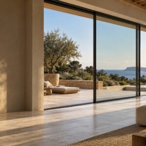 Concept architectural : baie coulissante aluminium anthracite ouverte sur une terrasse méditerranéenne.