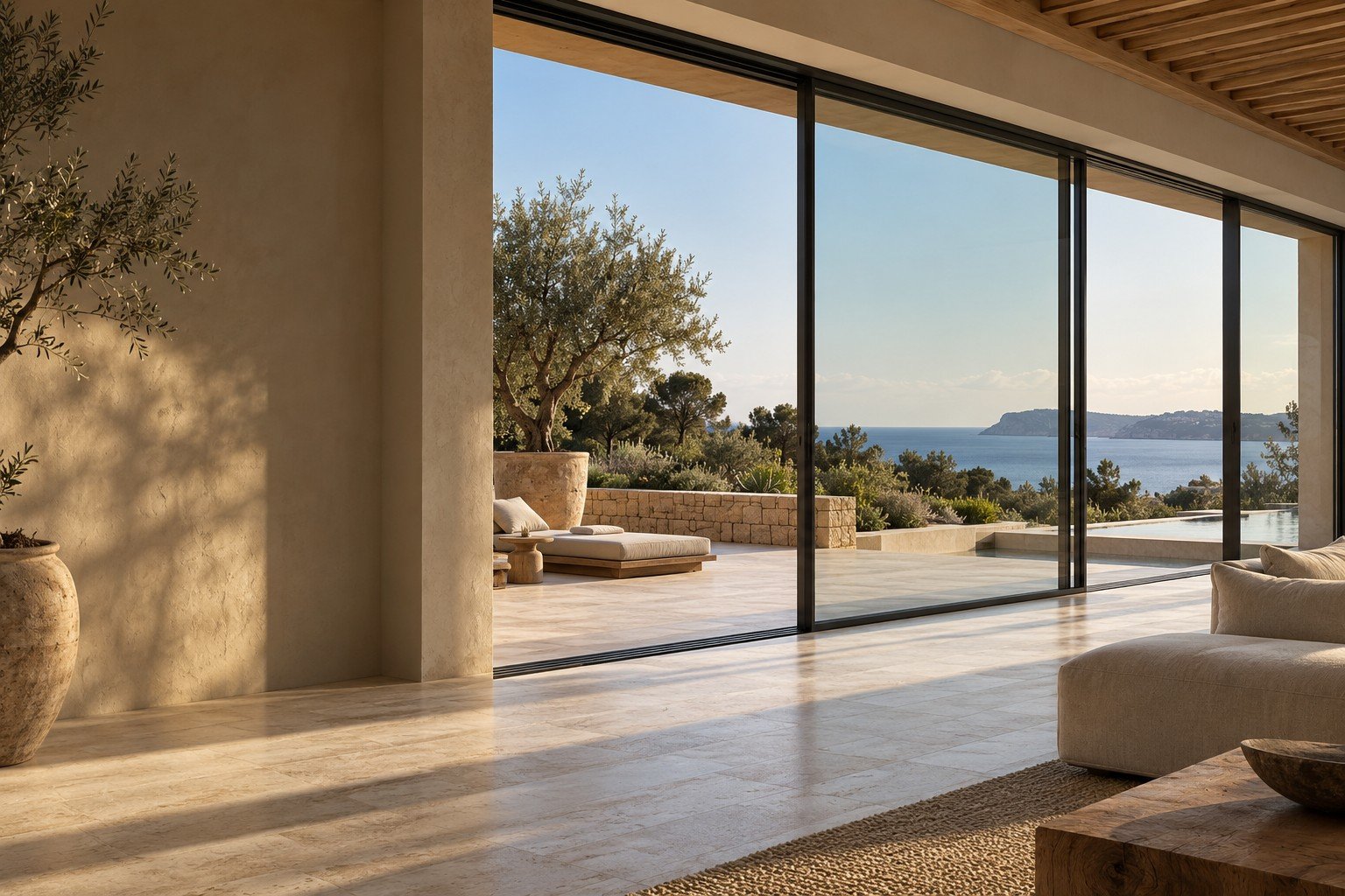 Concept architectural : baie coulissante aluminium anthracite ouverte sur une terrasse méditerranéenne.